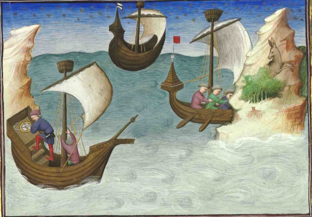 Faksimile-edition, facsimile, Miniatur, Die Erde lässt sich umschiffen, Der Meeresstern, fol. 188v, Livres des merveilles, Buch der Wunder, Book of Wonders, Book of Marvels, Jean de Mandeville, die Reisen des Ritters Jean de Mandeville, the Travels of the knight Jean de Mandeville, Livre de Mandeville, Paris, Bibliothèque nationale, Fr. 2810, fol. 141-225, antiker Reisebericht, travelogue