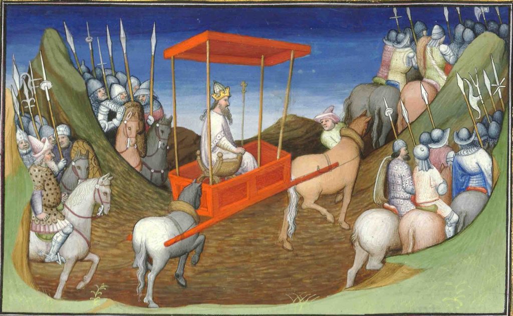 Faksimile-edition, facsimile, Miniatur, Der Großkahn auf Reisen, Kaiser reitet übers Land, fol. 204r, Livres des merveilles, Buch der Wunder, Book of Wonders, Book of Marvels, Jean de Mandeville, die Reisen des Ritters Jean de Mandeville, the Travels of the knight Jean de Mandeville, Livre de Mandeville, Paris, Bibliothèque nationale, Fr. 2810, fol. 141-225, antiker Reisebericht, travelogue