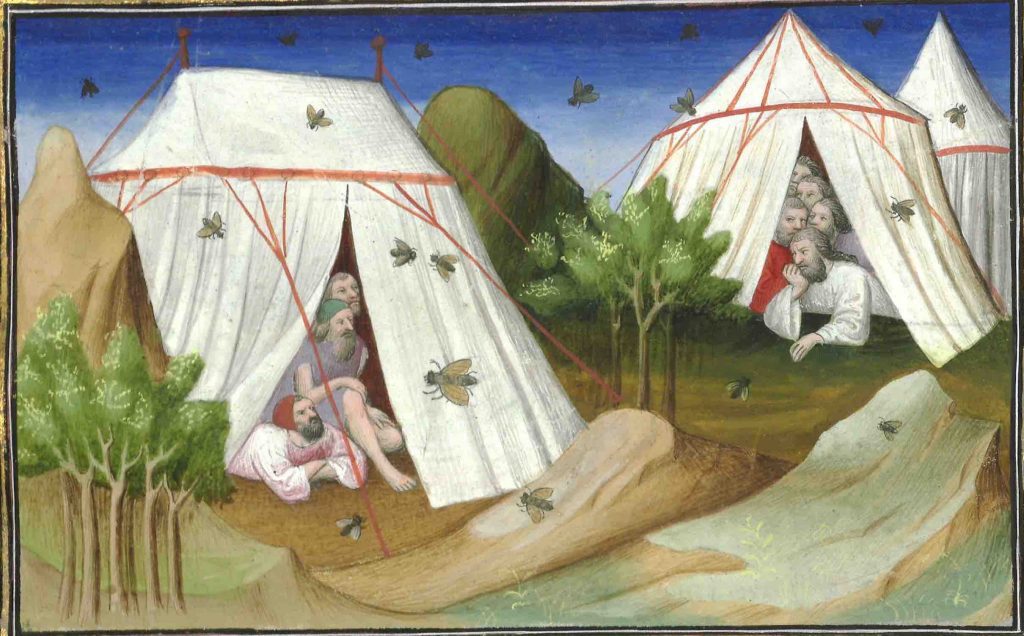 Faksimile-edition, facsimile, Miniatur, Insektenplage in Kumanien, Livres des merveilles, Buch der Wunder, Book of Wonders, Book of Marvels, Jean de Mandeville, die Reisen des Ritters Jean de Mandeville, the Travels of the knight Jean de Mandeville, Livre de Mandeville, Paris, Bibliothèque nationale, Fr. 2810, fol. 141-225, antiker Reisebericht, travelogue