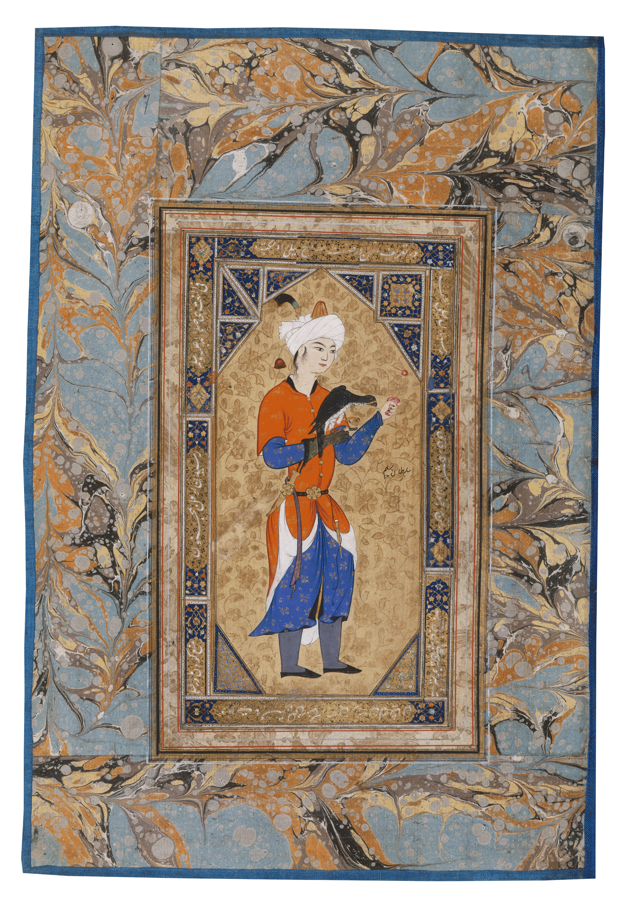 Jüngling mit Falke. Aus: Bilderalbum, Iran, 17-18. Jh. (Paris, Bibliothèque nationale de France, Arabe 6076, folio 7r), Young man with a Falcon, Album of paintings, Iran, 11-12th century AH/17-18th century CE, islamische Buchkunst, Islamic Book illumination