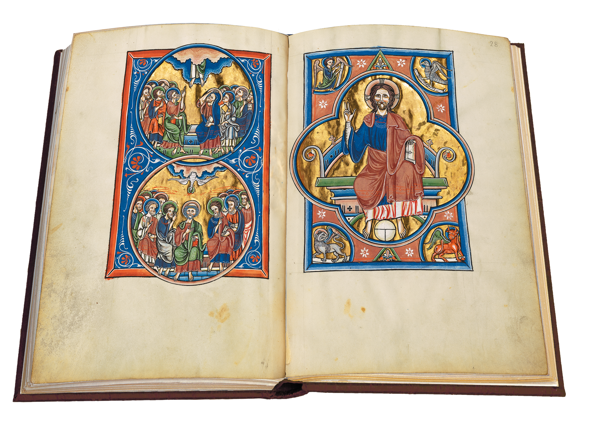 fol. 27v, fol. 28, Christus am Thron, Christ on the throne, Ascension, Pentecost, Königspsalter, Royal Psalter, Sainte Chapelle, Paris, Bibliothèque de l'Arsenal, MS 1186, Ludwig der Heilige, King Louis the Saint, Blanche de Castille, Blanka von Kastilien, französische Buchmalerei, French book illumination, 13. Jahrhundert, 13. Jh., 13th century, französische Gotik, French Gothic, Psalter, psautier royal, Sainte-Chapelle, Saint Louis, Neuerscheinung, new release