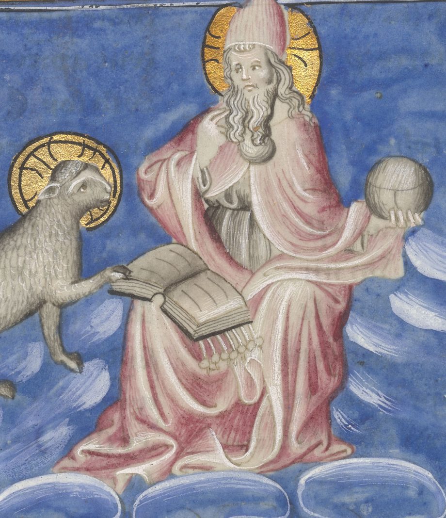 extract from the Berry Apocalypse; folio 9 verso showing the lamb taking the book of the seven seals