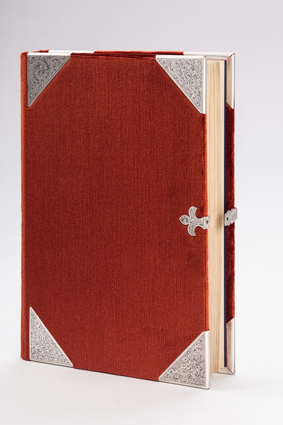 Orange velvet book cover of the Berry Apocalypse from The Morgan Library & Museum in New York, MS M.133; Paris, around 1410