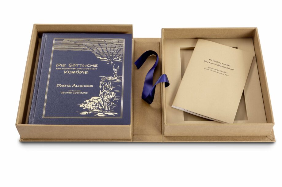 Dante's Divine Comedy with open decorative case. The facsimile with gold-embossed leather binding lies in the cassette.