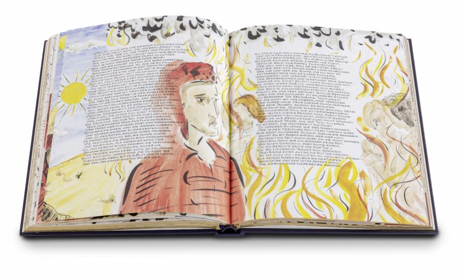 Opened facsimile edition of Dante's Divine Comedy.