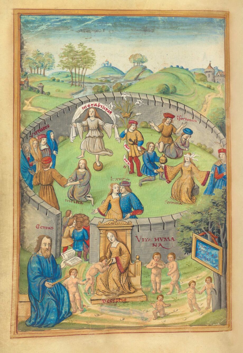 Fol. 6v: Naked, small and unaware, man enters the path of life. Genius gives him good advice, but the beautiful lady Deceptio, deception, offers him the drink of error. And in the ring of walls, Fortuna waits for the young men with her temptations and Instabilitas, instability, balances on a ball.
