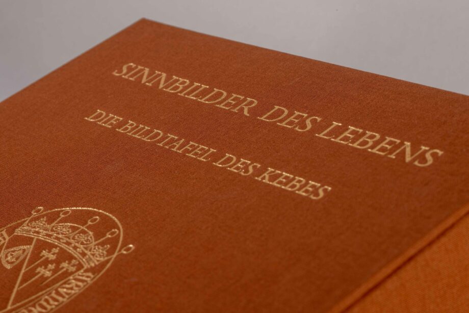 Detail of the decorative case of the facsimile edition of the Tabula Cebetis. The title of the work "Sinbilder des Lebens - Die Bildtafel des Kebes" can be read in golden letters on a brown background.