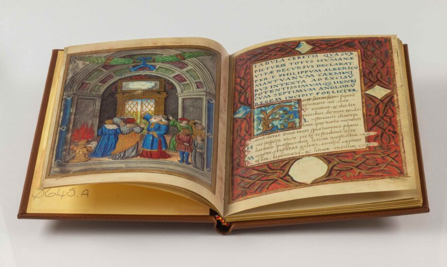Opened facsimile edition of the Tabula Cebetis. It shows a double page. On the left is a full-page miniature showing folio 2v: "The vices and their consequences". On the right is a page of text with a large initial A.